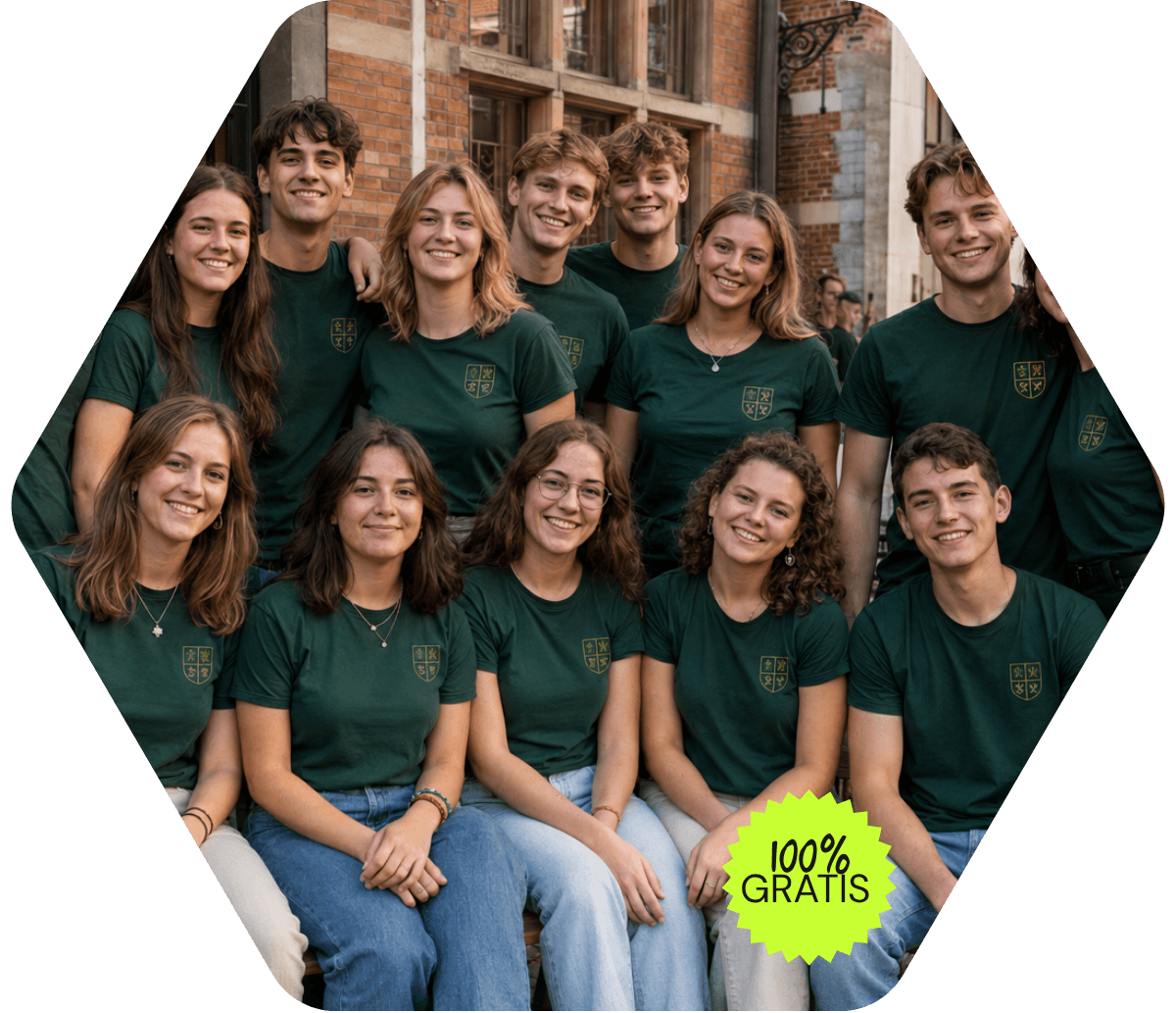 Studentenvereniging in matching shirts met 100% gratis badge