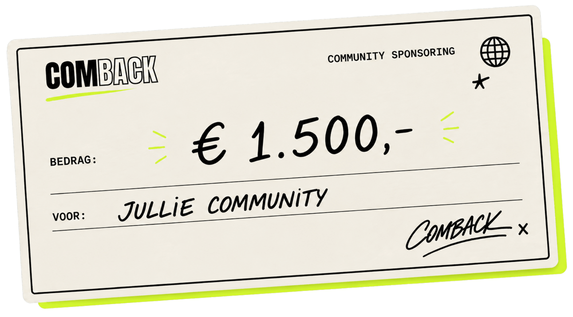 €1.500 COMBACK community sponsoring cheque